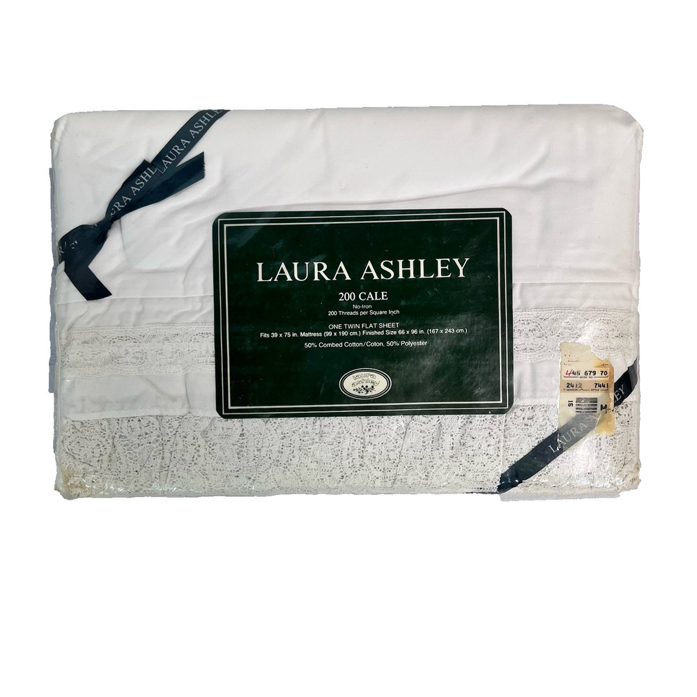 Laura Ashley 200 Cale Single White Twin Flat Sheet "Bridal Lace" Cottage Core